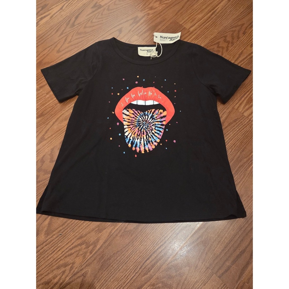 Savanna Jane Womens Black Tie Dye Tongue Graphic T-Shirt Cotton Size M 18143